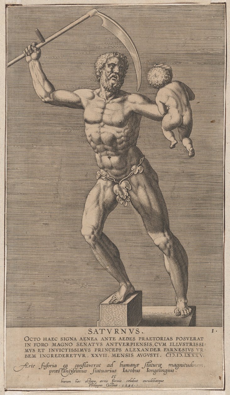 Placa 1: Saturno, estátua do deus nu em pé sobre um soco, segurando uma foice na direita..., 1586. de Philip Galle