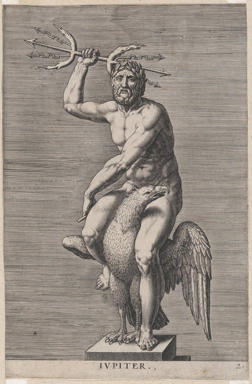 Placa 2: Júpiter, estátua do deus nu sentado em uma águia, segurando um tridente duplo, de..., 1586. de Philip Galle