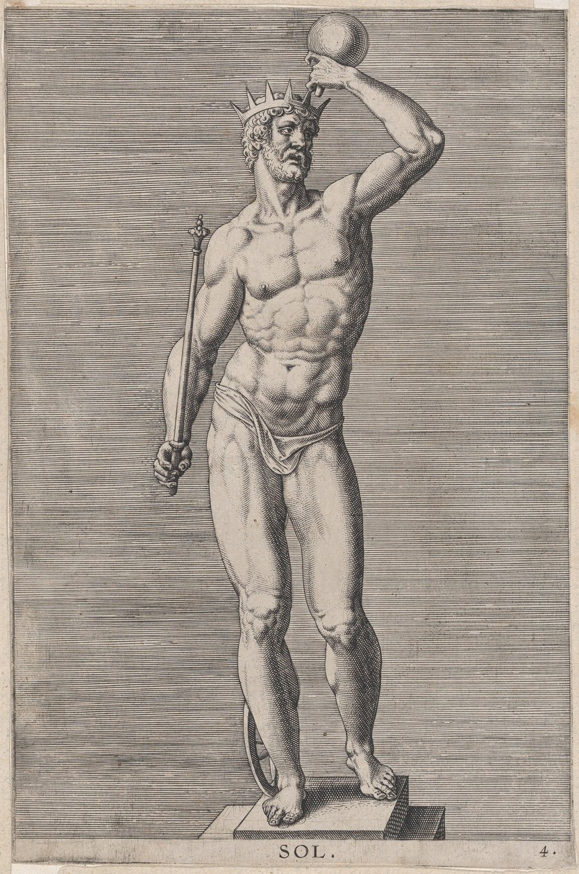 Placa 4: Apolo, estátua do deus nu em pé sobre um soco, usando uma coroa e segurando um..., 1586. de Philip Galle