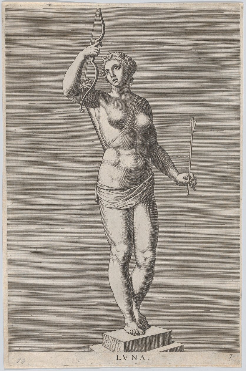 Ilustração 7: Diana, estátua da deusa nua em pé sobre um soco, vestindo uma lua crescente em..., 1586. de Philip Galle