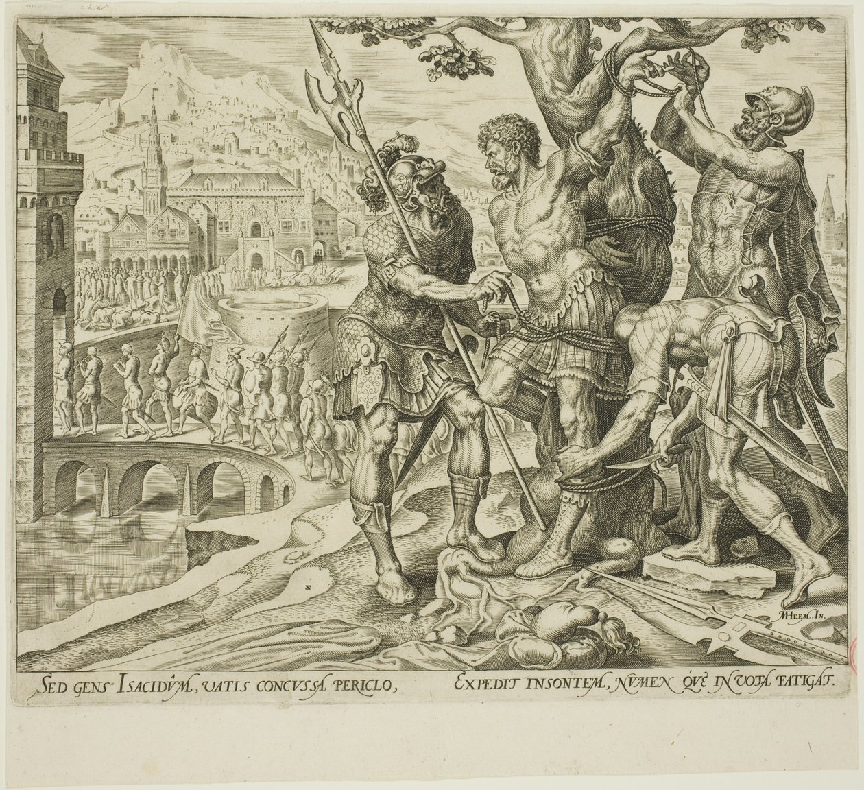 Os israelitas encontrando Achior amarrado a uma árvore, placa dois da história de Judite e Holofernes de Philip Galle