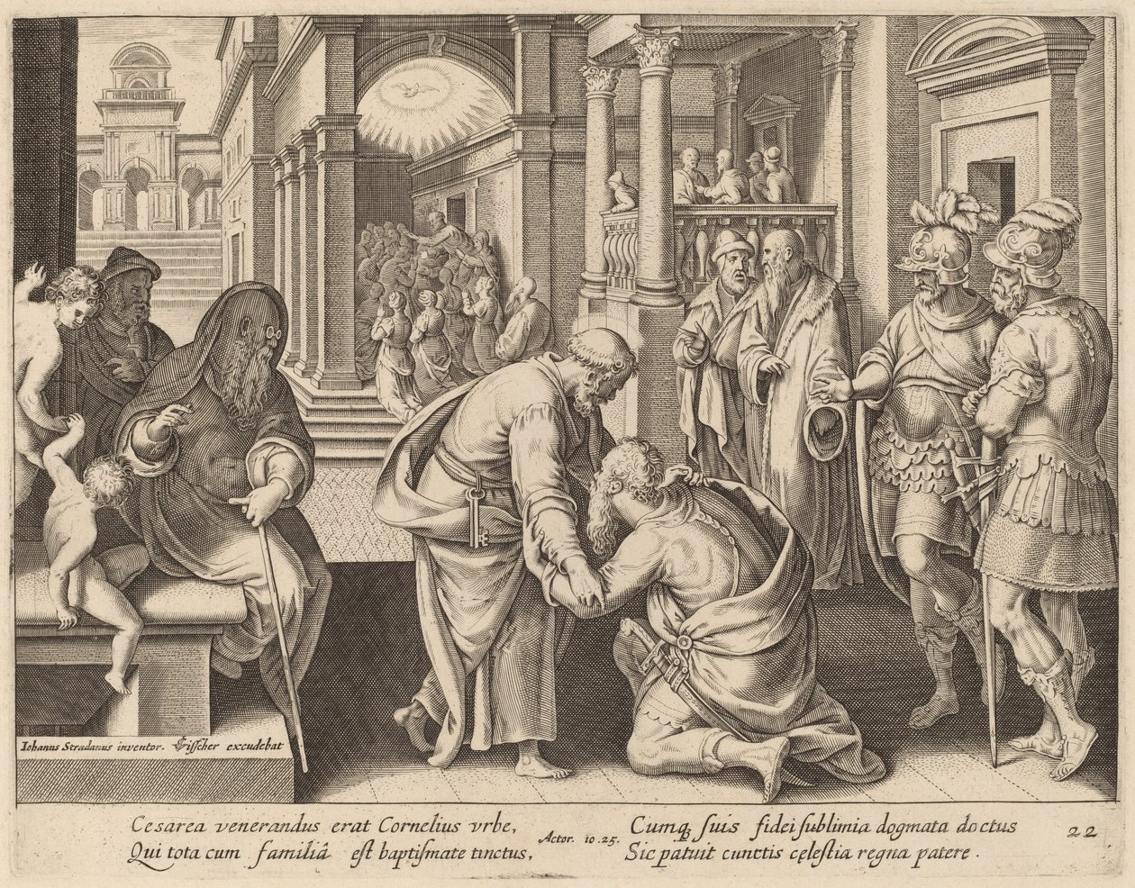 Cornélio adorando a São Pedro de Philip Galle after Jan van der Straet