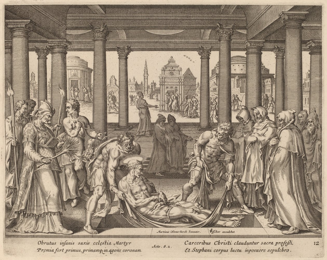 Homens devotos carregando Santo Estêvão para seu enterro de Philip Galle after Maerten van Heemskerck