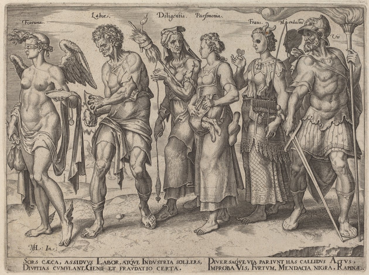 Fortuna, trabalho, cuidado, parcimônia, fraude (maneiras honestas e desonestas de ficar rico) de Philip Galle, after Maerten van Heemskerck