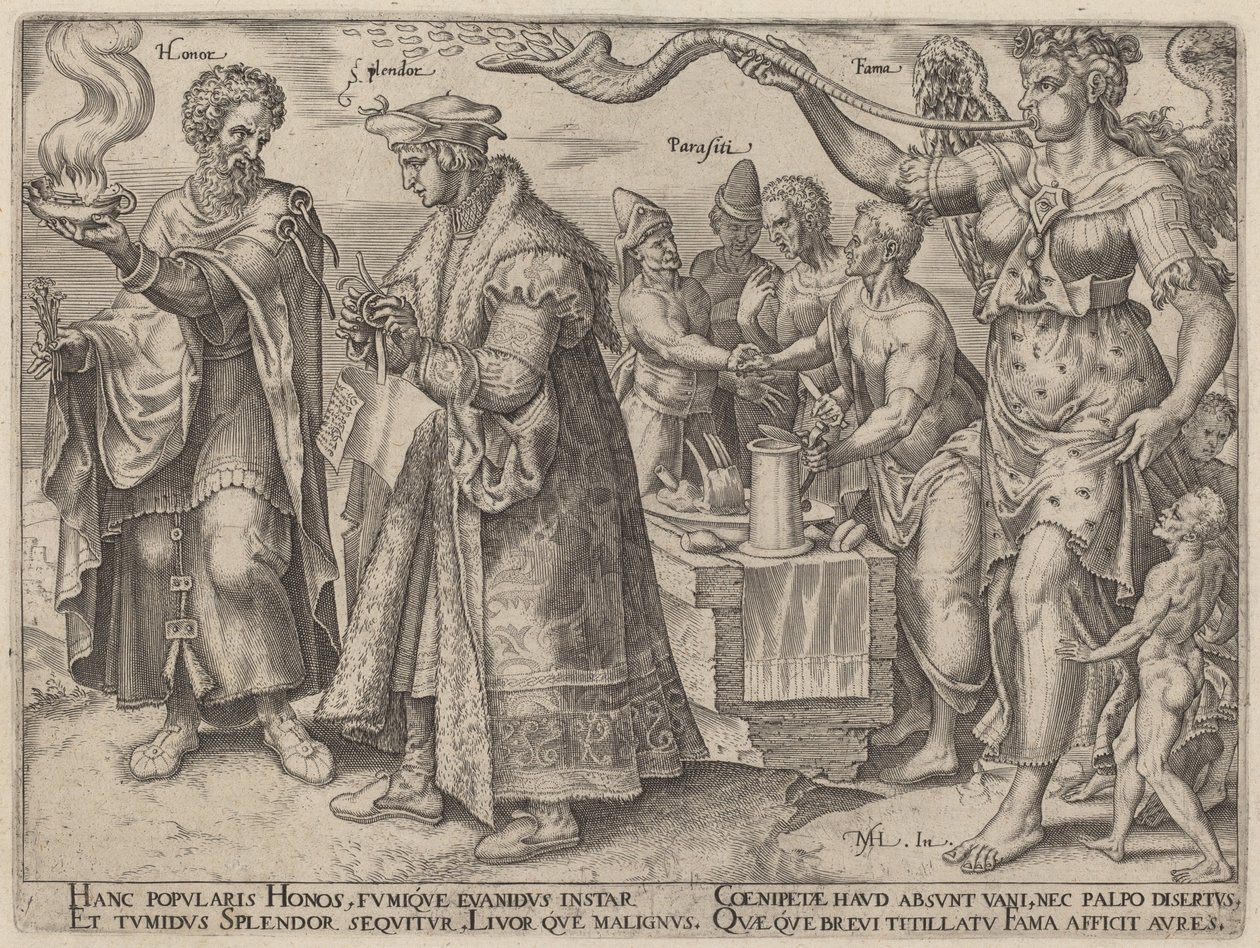 Honra, esplendor, parasitas, fama (os efeitos enganosos da riqueza) de Philip Galle, after Maerten van Heemskerck