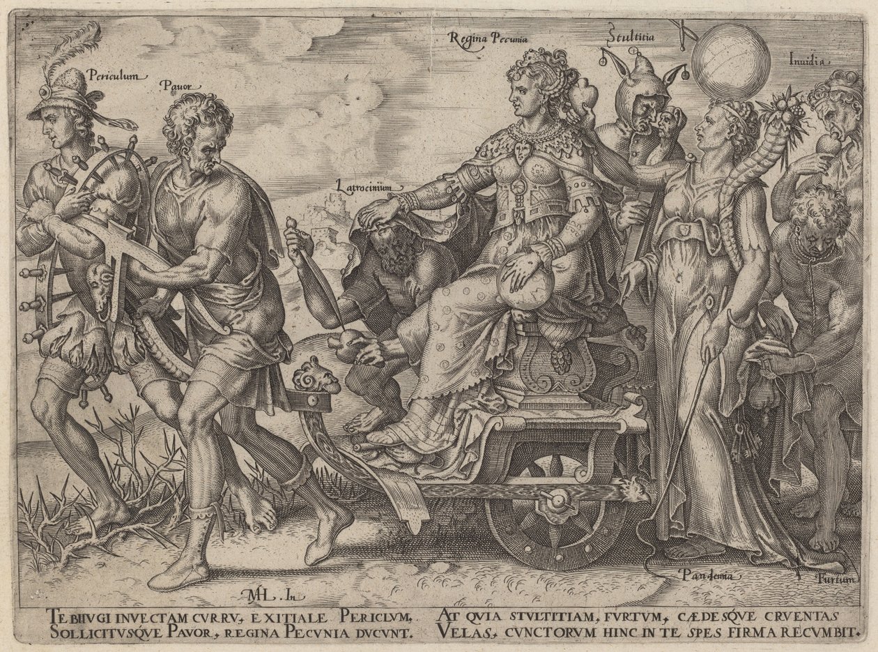 Perigo, Pânico, Roubo, Rainha do Dinheiro, Loucura, Inveja (Perigos e Eventos que Acompanham a Riqueza) de Philip Galle, after Maerten van Heemskerck
