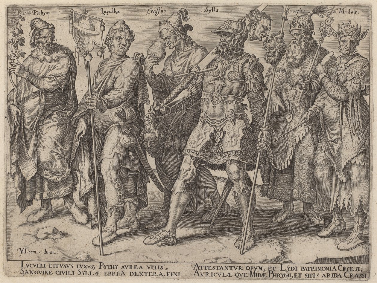 Pythius, Lucullus, Crassus, Sylla, Croesus, Midas (Exemplos Notórios de Riqueza da Antiguidade) de Philip Galle, after Maerten van Heemskerck