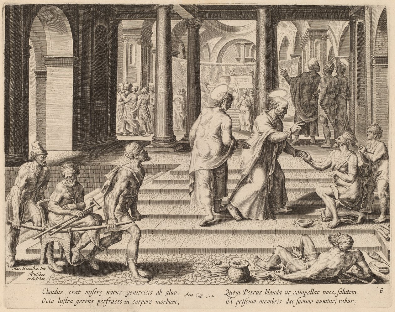 Saints Peter and John Heal a Cripple at the Gate of the Temple de Philip Galle after Maerten van Heemskerck