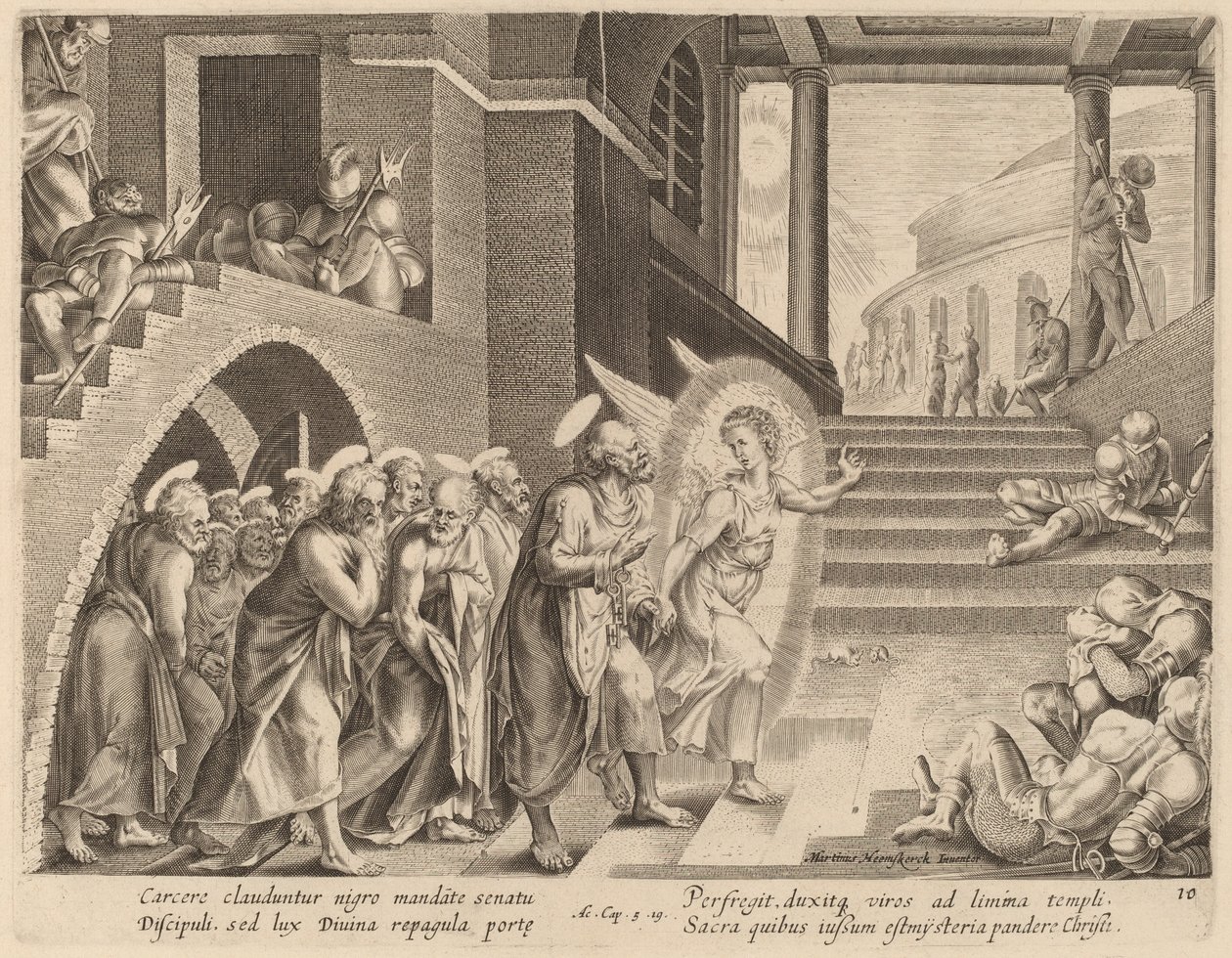 Os apóstolos libertados da prisão por um anjo de Philip Galle after Maerten van Heemskerck