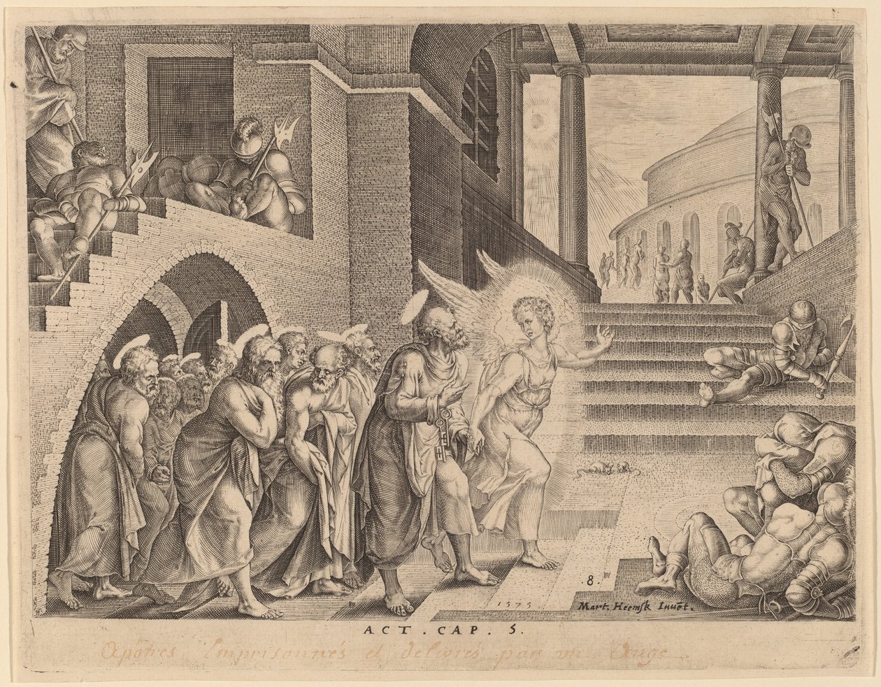 Os apóstolos libertados da prisão por um anjo de Philip Galle after Maerten van Heemskerck