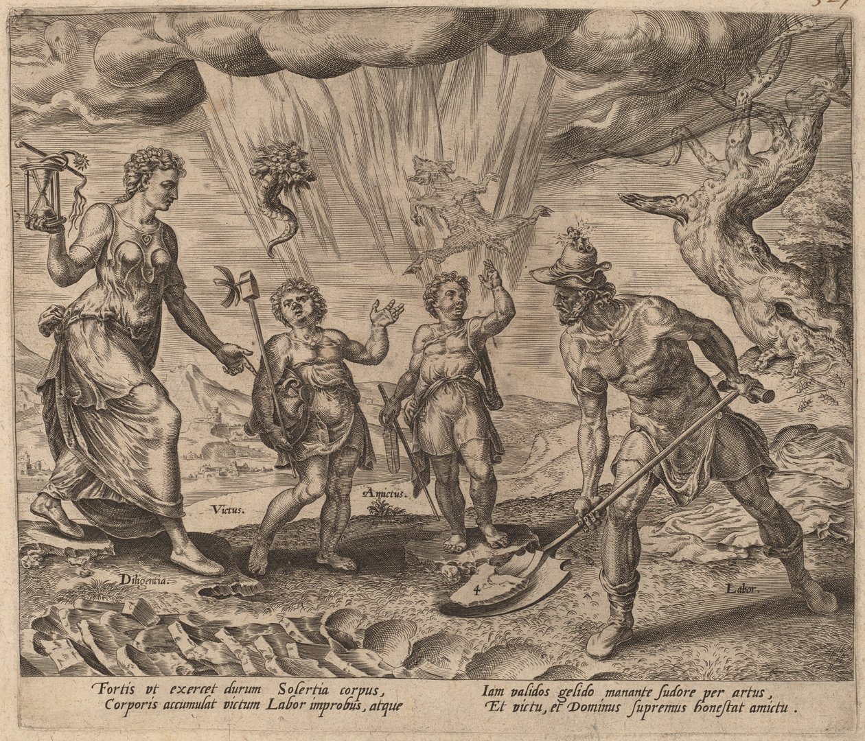 O Senhor concedendo alimento e vestuário ao trabalhador diligente de Philip Galle after Maerten van Heemskerck
