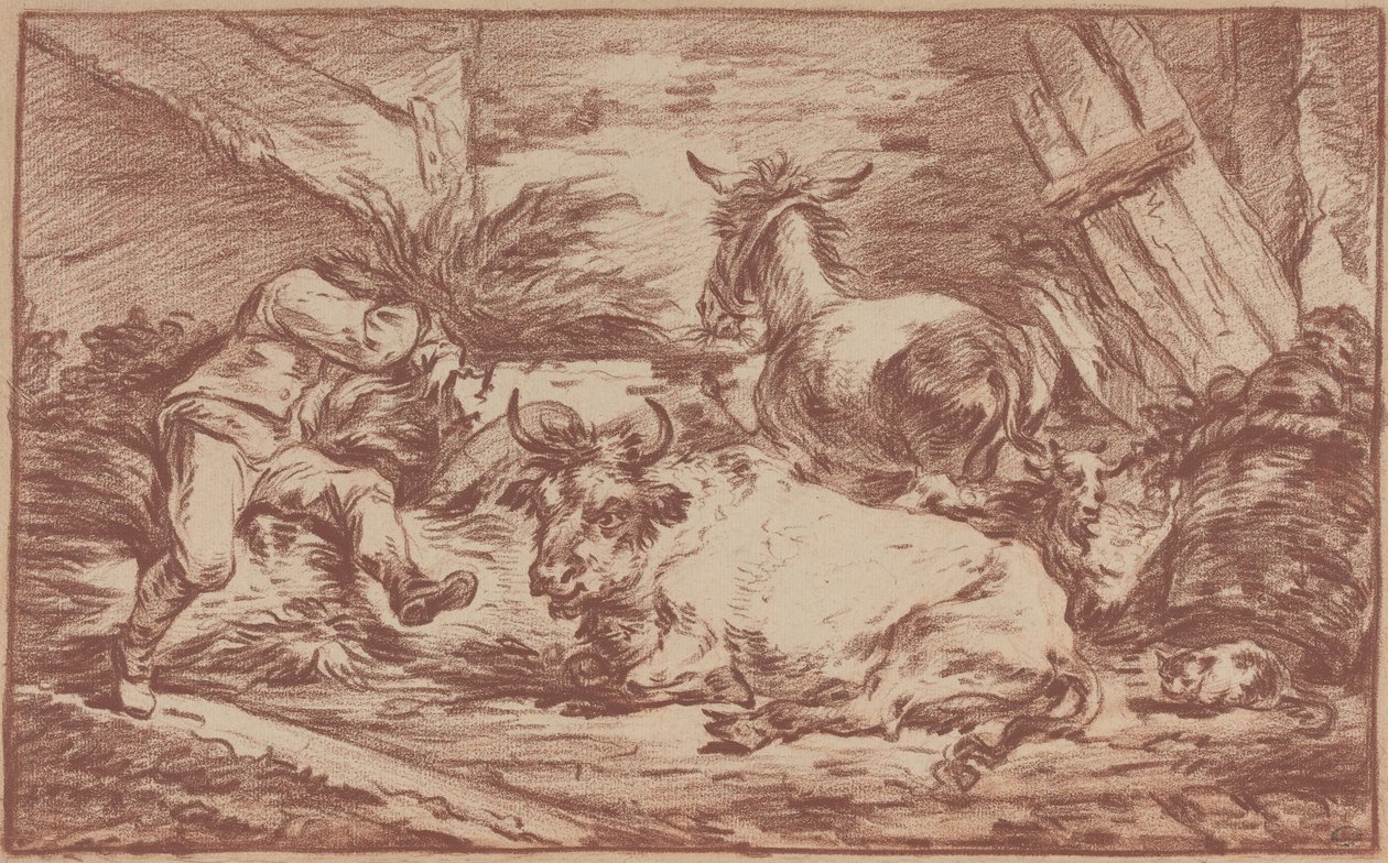 Animais num estábulo (giz vermelho sobre papel vegetal) de Philip James de (1740-1812) Loutherbourg