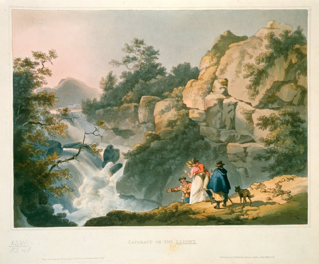 Turistas a olhar para uma queda de água, Cataratas no Llugwy de Philip James de Loutherbourg
