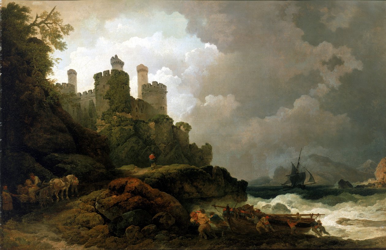 Um barco de pesca puxado para terra, perto do Castelo de Conwy (País de Gales). Óleo sobre tela, cerca de 1800, de Philippe-Jacques (Philippe Jacques) de Loutherbourg (1740-1812). de Philip James de (1740 1812) Loutherbourg