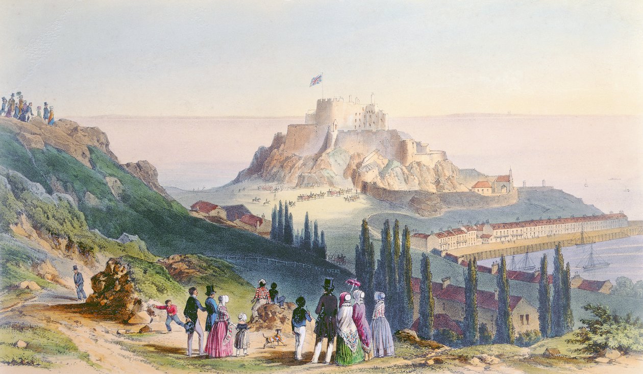 Chegada de Sua Majestade no Monte Orgueil, em 3 de setembro de 1846, da Visita da Rainha Vitória em Jersey, gravada por H. Walter, 1847 de Philip John Ouless