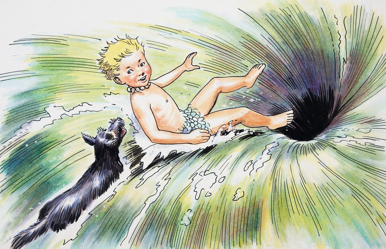 Cair no remoinho, ilustração de "The Water Babies" de Charles Kingsley de Philip Mendoza