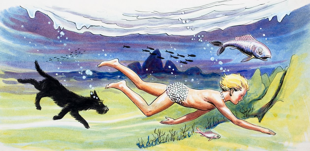 Nadar com os peixes, ilustração de "The Water Babies" de Charles Kingsley de Philip Mendoza
