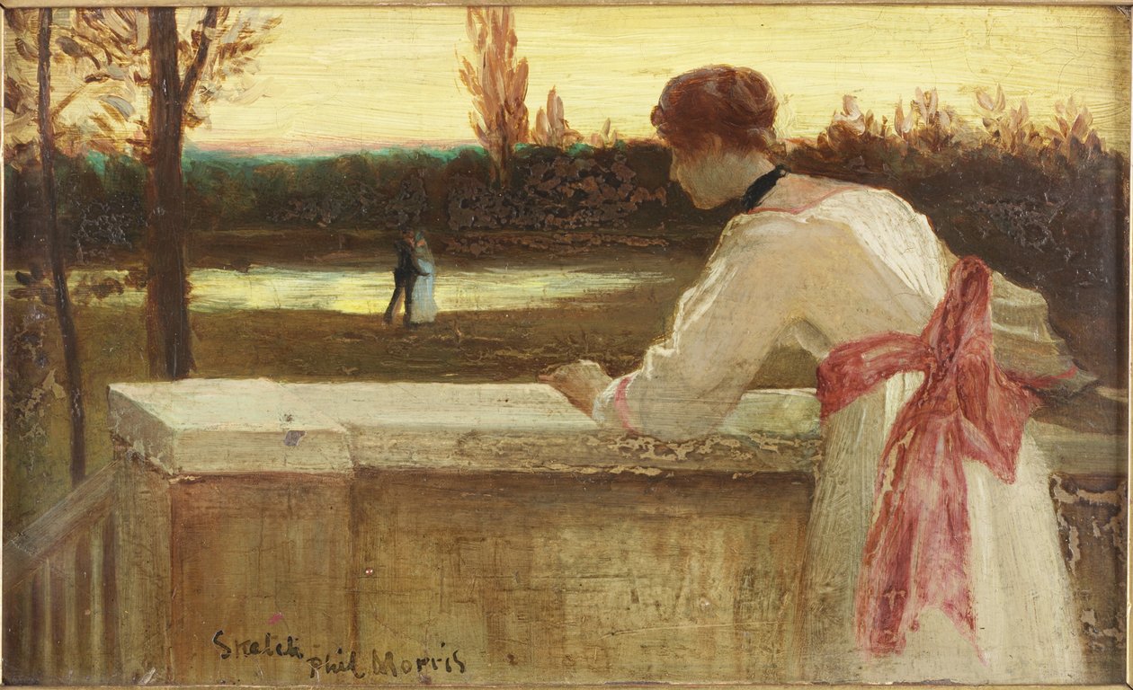 Garota na varanda observando um casal perto de um lago (óleo a bordo) de Philip Richard Morris