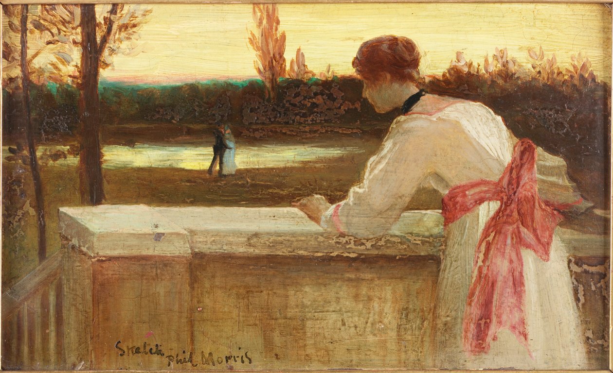 Menina, ligado, um, sacada, observar um par, por, um, lago de Philip Richard Morris