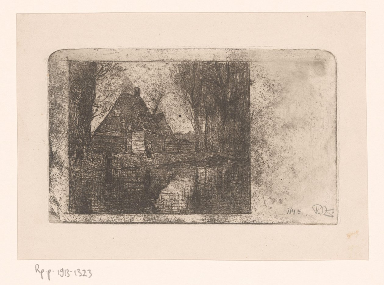 Casa de madeira e árvores em uma vala de Philip Zilcken (signed by artist)