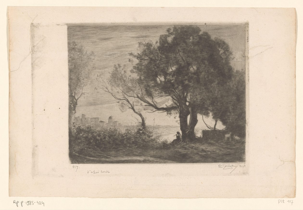 Paisagem com um tocador de flauta debaixo de uma árvore e uma silhueta de uma cidade Soir (título original) de Philip Zilcken (signed by artist)