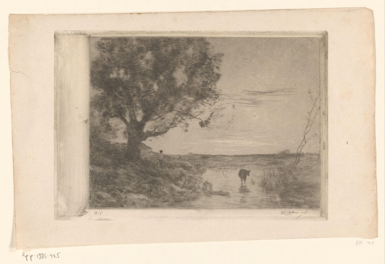 Paisagem com bezerro na água e homem debaixo de uma árvore
Soir (título original) de Philip Zilcken (signed by artist)