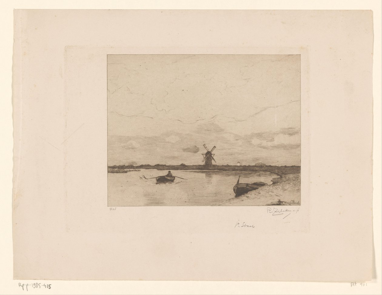 Navegue com um barco a remo em uma paisagem de prado com um moinho Paysage (título original) de Philip Zilcken (signed by artist)
