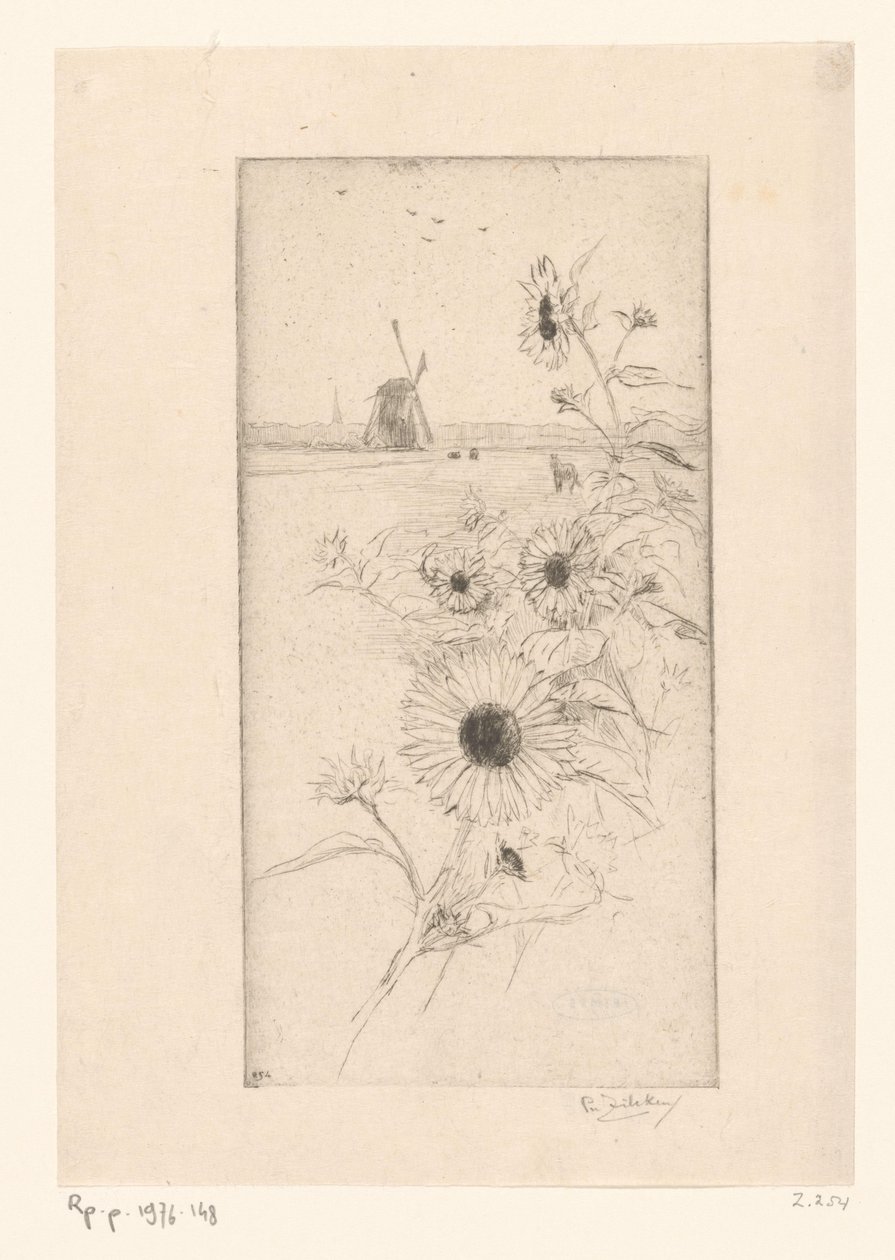 Girassóis para uma paisagem de prado com cavalos e moinho Eutude de tournesols (título original) de Philip Zilcken (signed by artist)