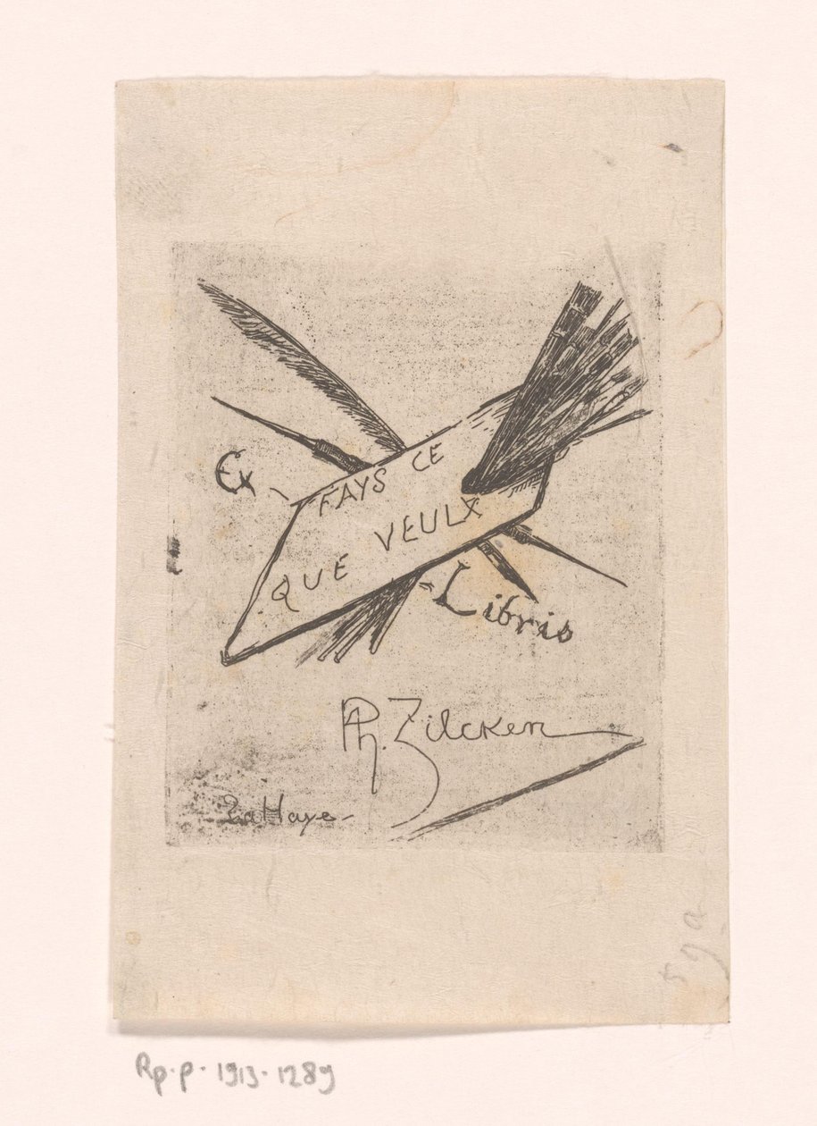 Ex libris com canetas, pincéis e paleta de Philip Zilcken