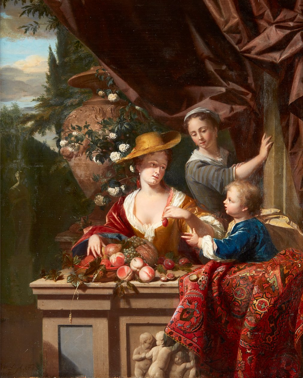 Figuras elegantes em um terraço com tigela de frutas sortidas (óleo no painel) de Philip van Dyck