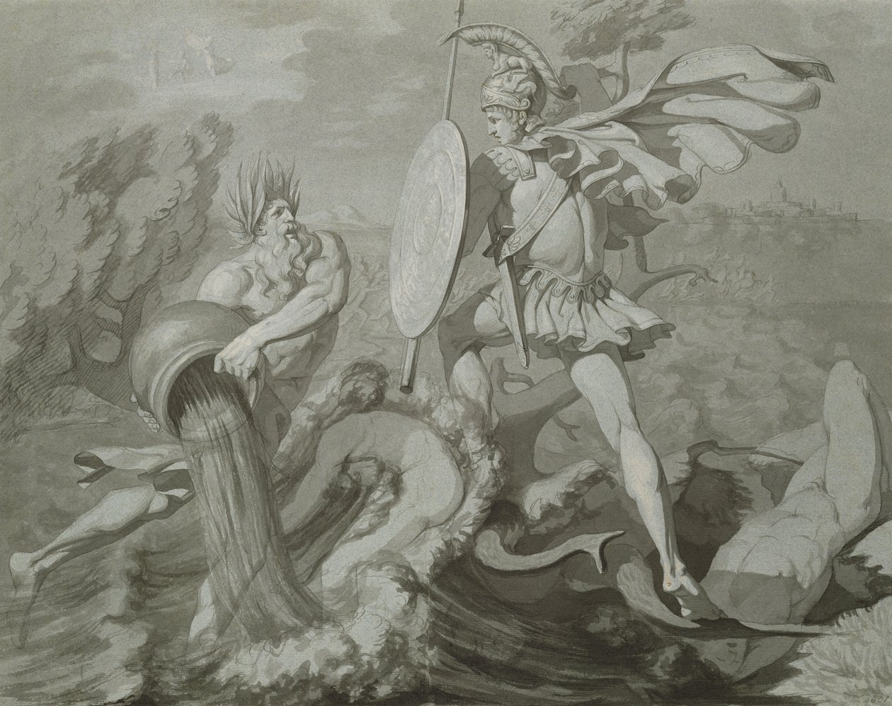 Luta de Aquiles com o rio Scamander (lavagem em preto e cinza sobre papel) de Philipp Otto Runge