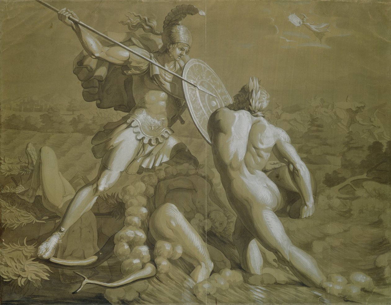 Luta de Aquiles com o rio Scamander (marrom e branco lavam sobre lápis sobre papel) de Philipp Otto Runge