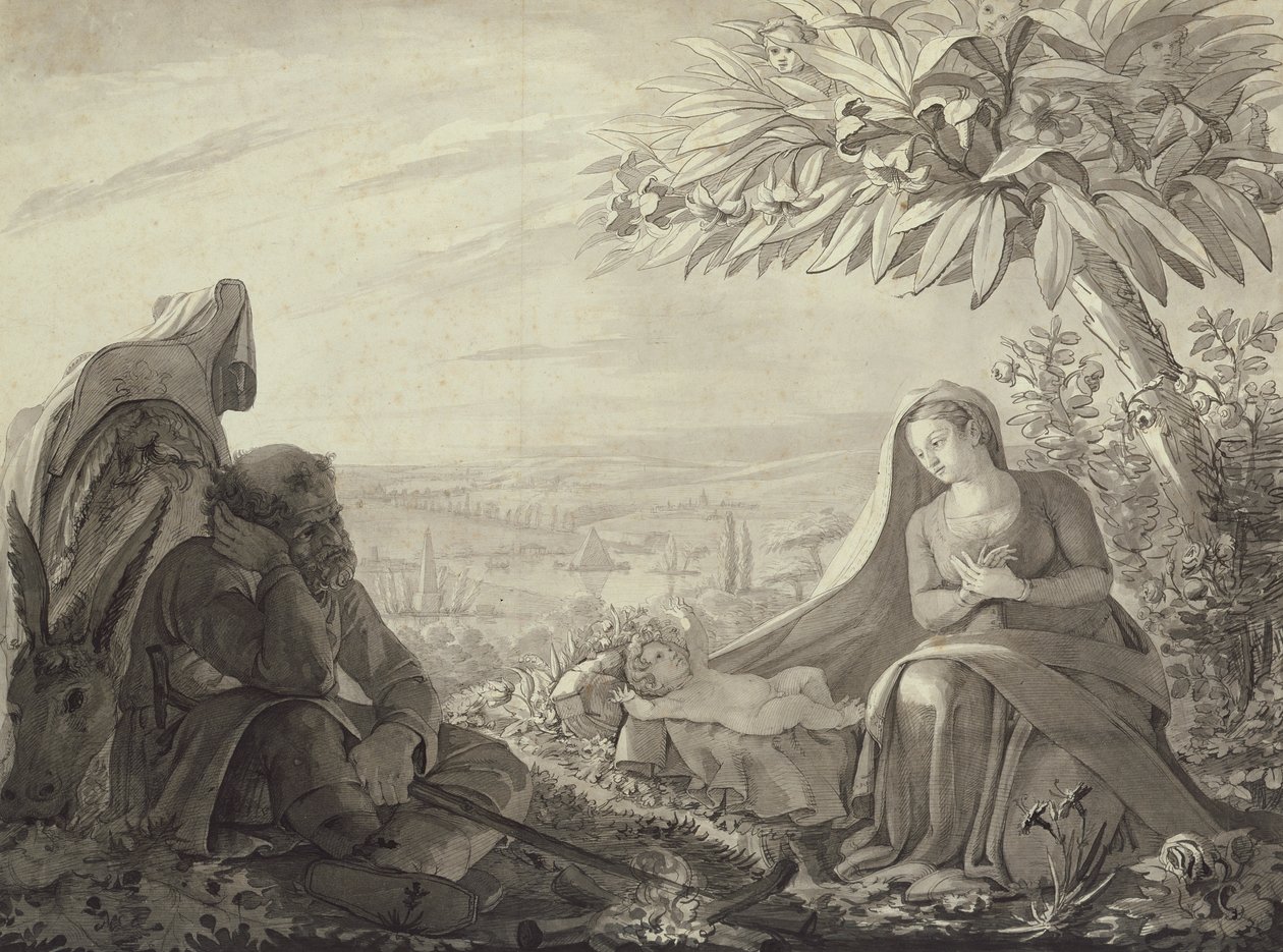 Descanse no vôo para o Egito, 1805 (caneta e tinta e lave no papel) de Philipp Otto Runge
