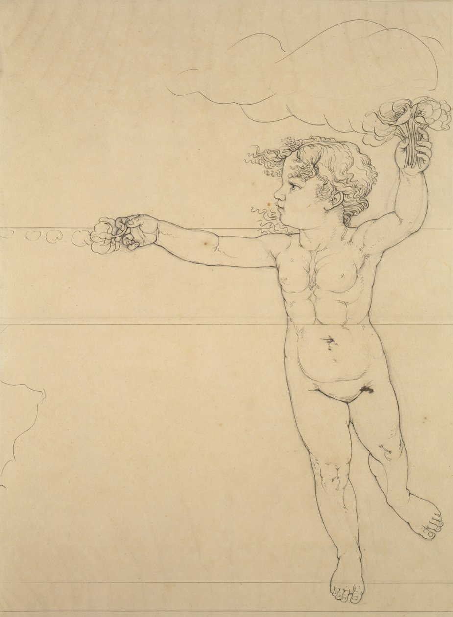 Lado direito Genie com uma rosa, estudo para a manhã, 1809 (caneta e tinta preta sobre lápis sobre papel) de Philipp Otto Runge