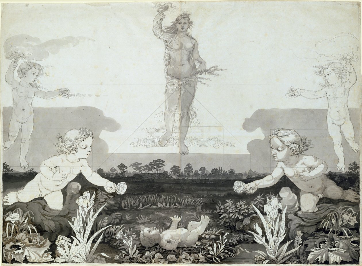 Estudo para a metade inferior de &39;The Morning&39;, 1803 (tinta no papel) de Philipp Otto Runge
