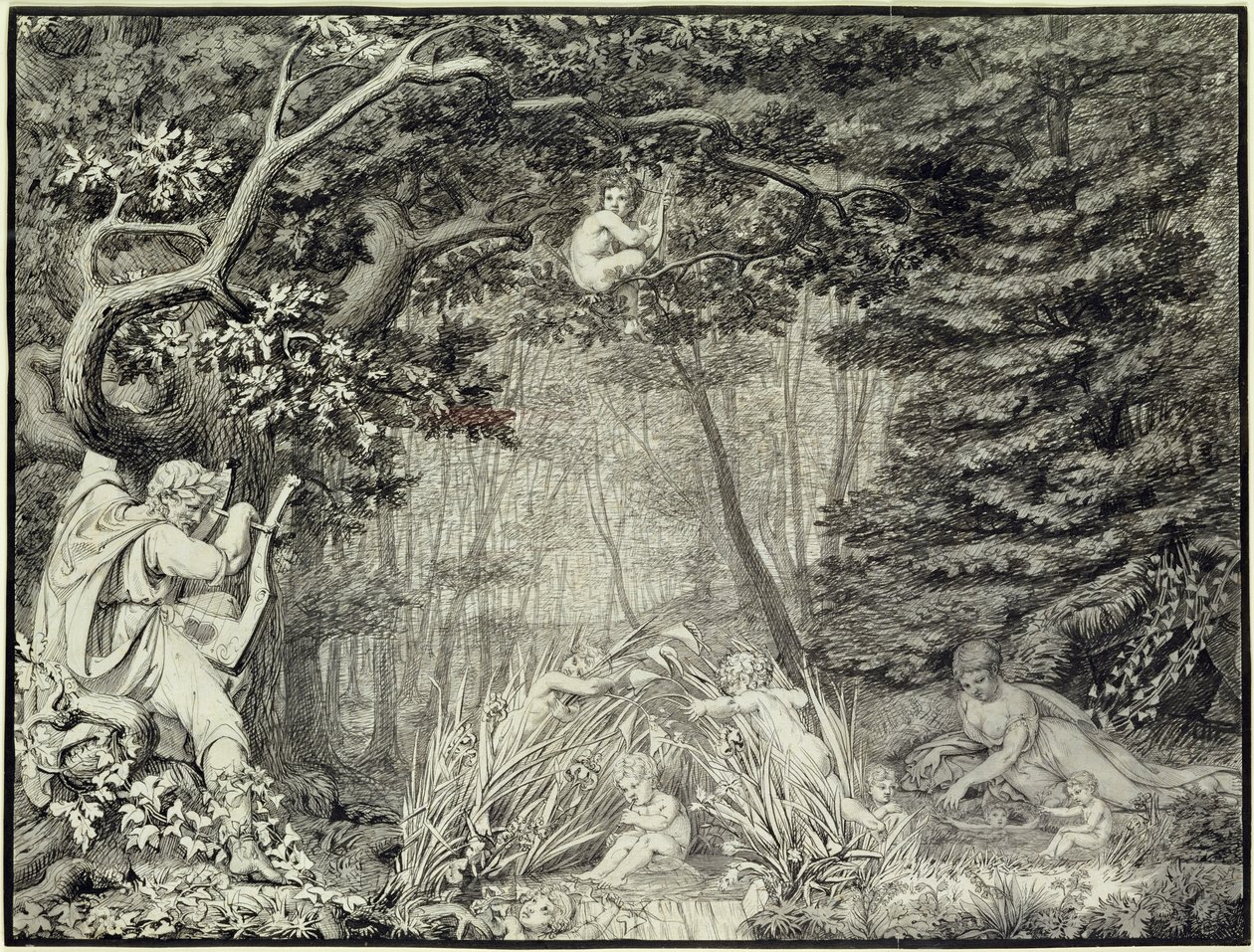 O poeta na primavera, 1805 (caneta, tinta e lava sobre o lápis no papel) de Philipp Otto Runge