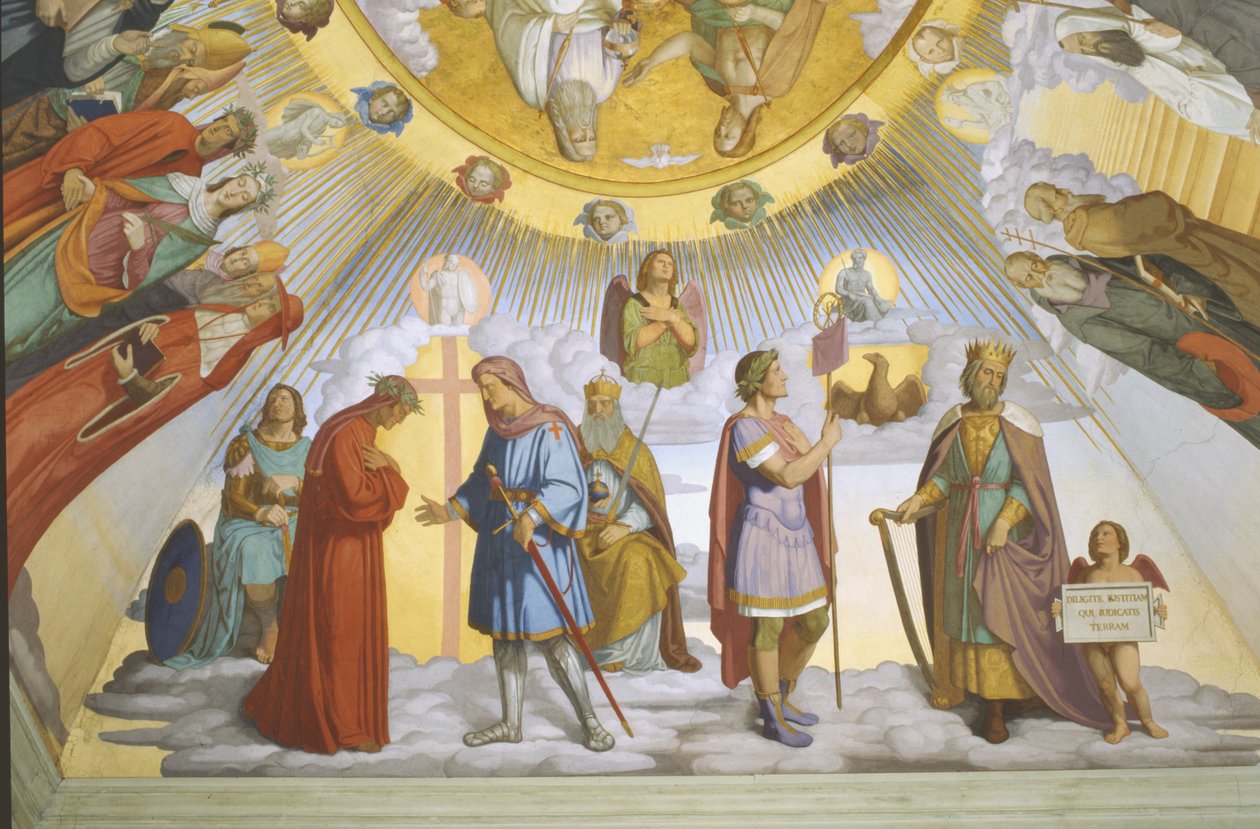 Abóbada do quarto de Dante, detalhe: Dante, Beatrice, Imperatriz Constance, o Clarissa Piccarda Romeo de Villanova e Imperador Justiniano de Philipp Veit