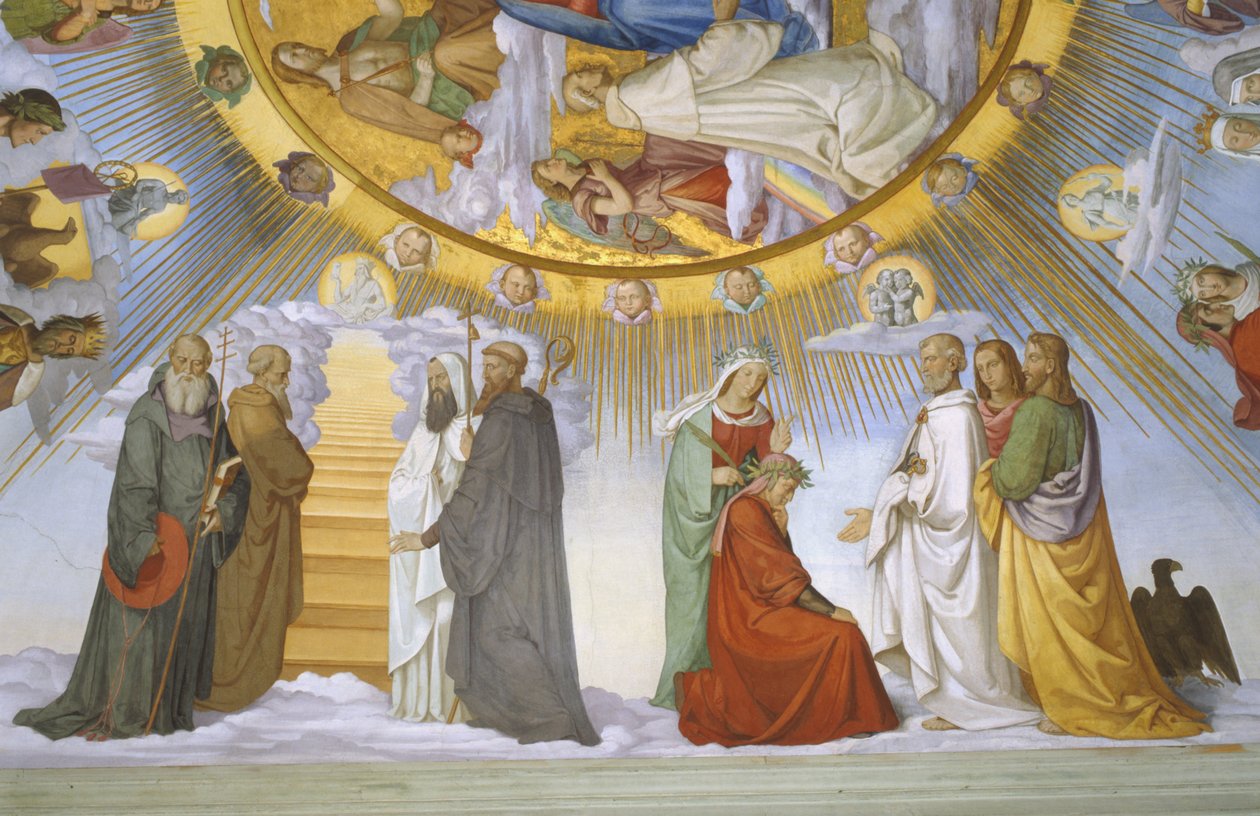 Abóbada do quarto de Dante, detalhe: Dante, Beatrice, Imperatriz Constance, o Clarissa Piccarda Romeo de Villanova e Imperador Justiniano de Philipp Veit