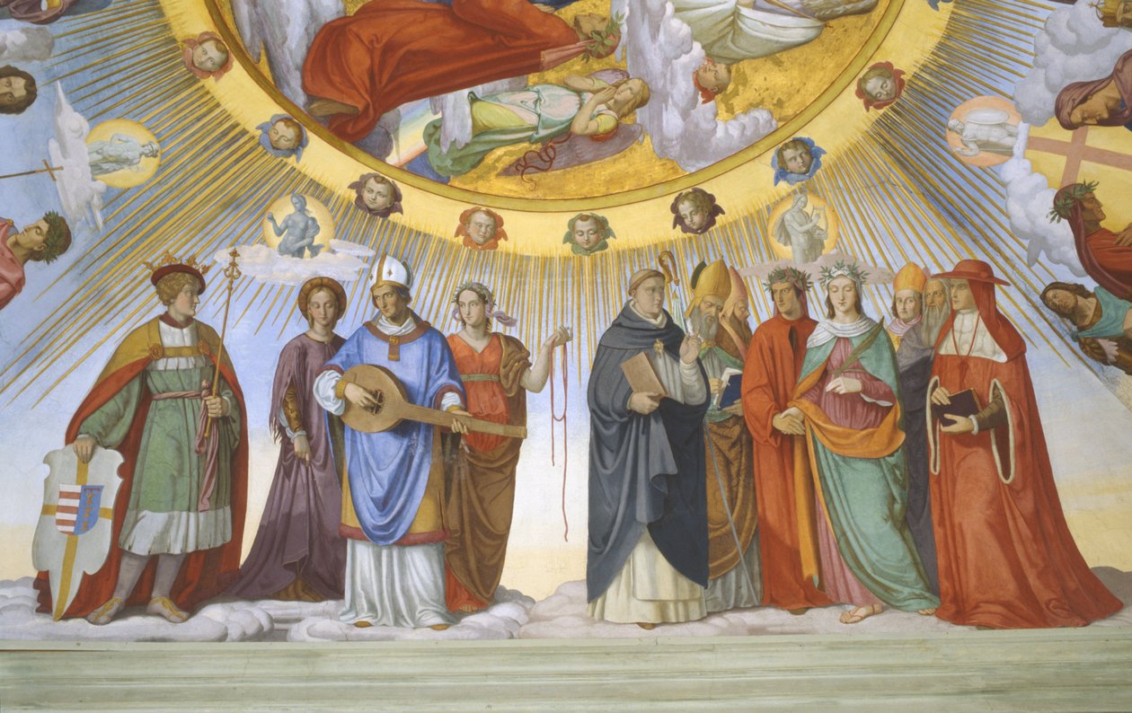 Abóbada do quarto de Dante, detalhe: Dante, Beatrice, Imperatriz Constance, o Clarissa Piccarda Romeo de Villanova e Imperador Justiniano de Philipp Veit