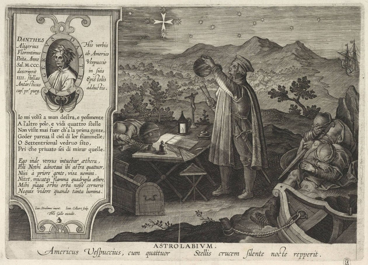 Amerigo Vespucci encontrando a constelação de Southern Cross com um astrolábio Americae Retectio, 1591 de Philipp Galle