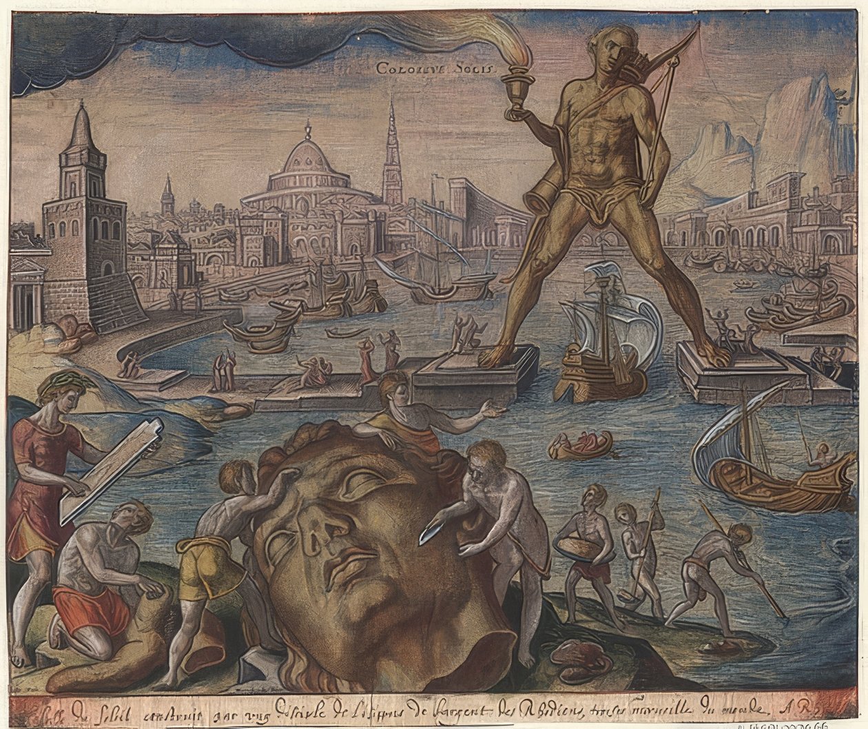O Colosso de Rodes (da série das sete maravilhas do mundo). Depois de Maarten van Heemskerck. 1572 de Philipp Galle