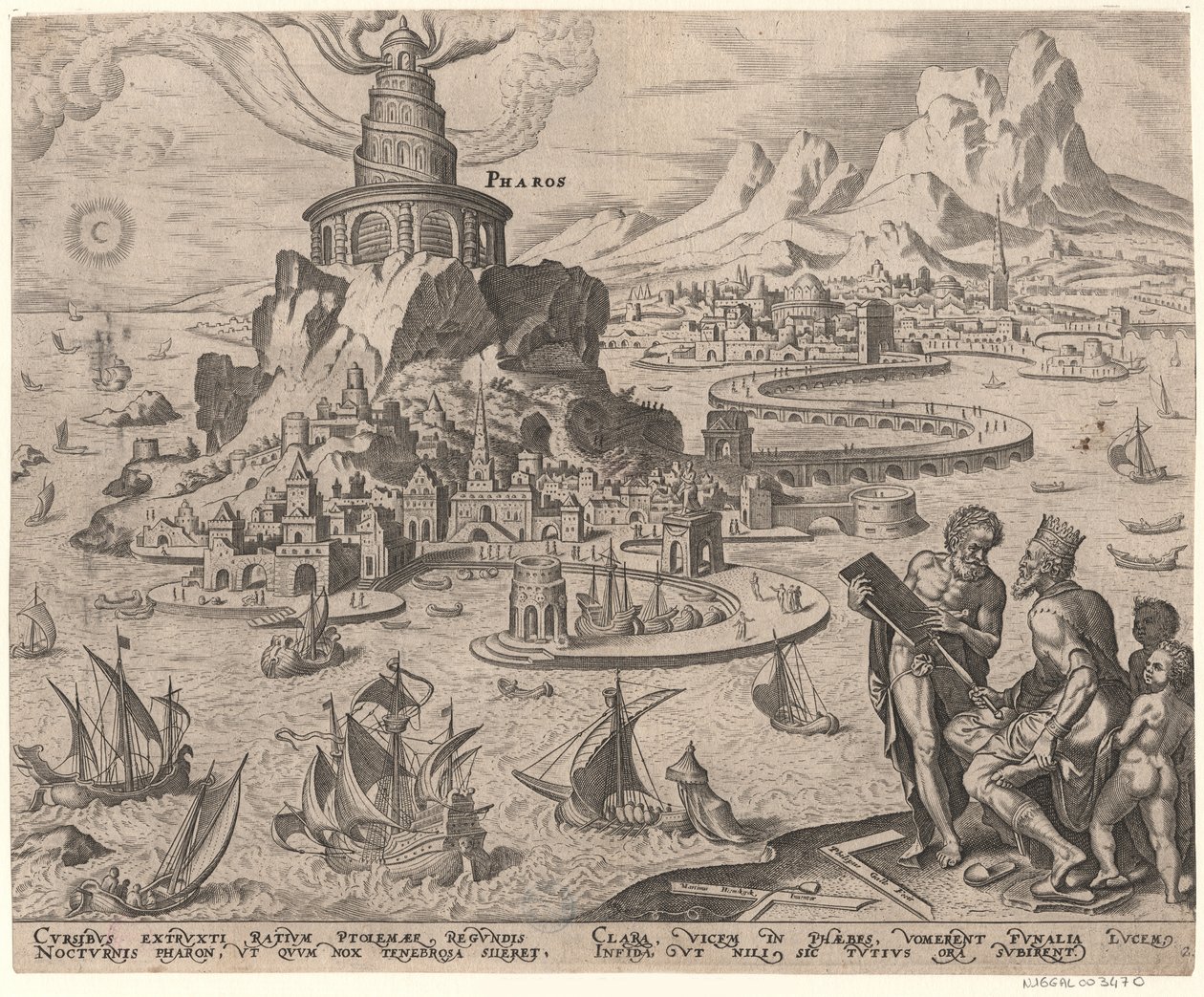 O farol em Alexandria da série As oitavas maravilhas do mundo Depois de Maarten van Heemskerck, 1572 de Philipp Galle