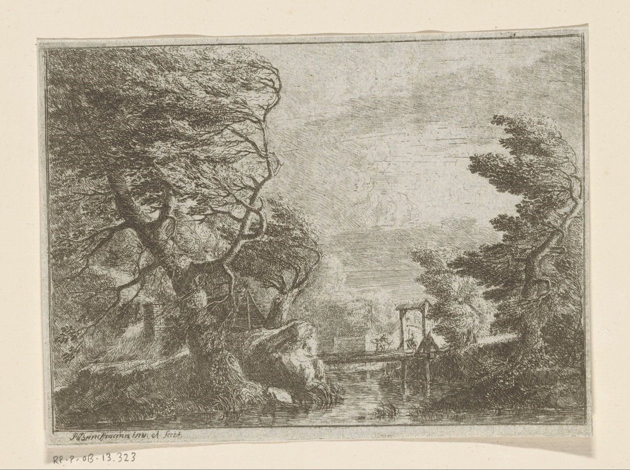Paisagem tempestuosa com árvores junto a uma ponte sobre um rio de Philipp Hieronymus Brinckmann