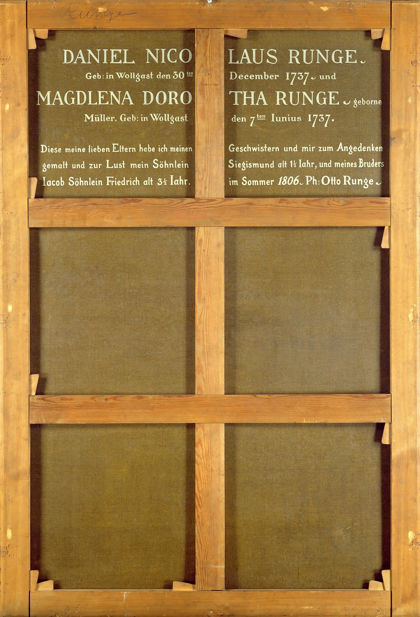 Inscrição na parte de trás da pintura, &39;The Artist&39;s Parents&39;, 1806 de Philipp Otto Runge
