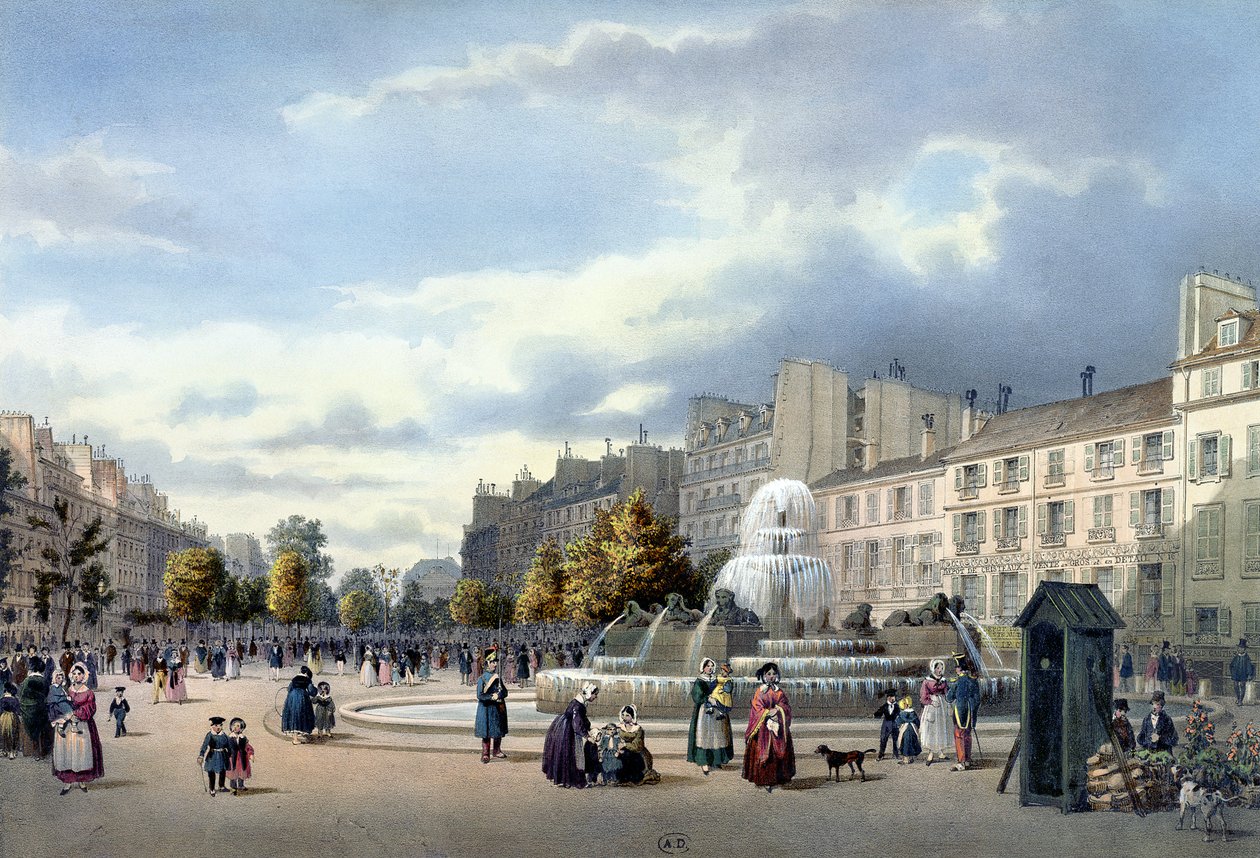 A Fonte do Boulevard St. Martin, de &39;Vue de Paris&39;, c.1840 de Philippe Benoist
