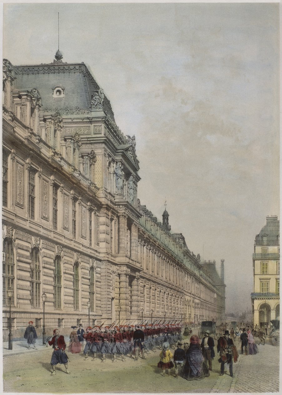 Vista da nova fachada do Louvre, na rue de Rivoli, ilustração de "Paris em seu esplendor", publicado por Henri Charpentier, 1861 de Philippe Benoist