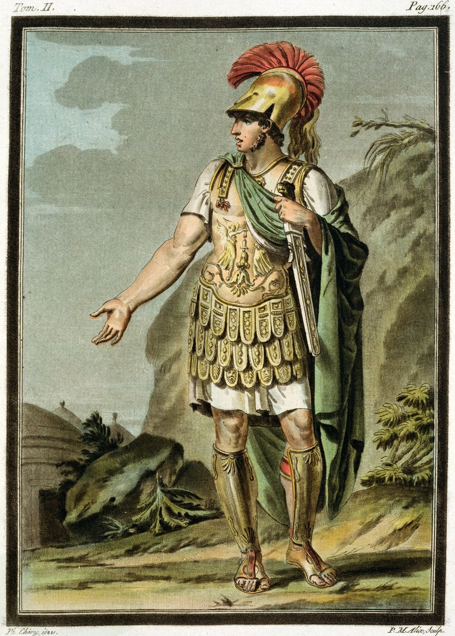 Aquiles em Armadura, fantasia para &39;Iphigenia in Aulis&39; de Jean Racine, do Volume II de &39;Investigação sobre os trajes e o teatro de todas as nações&39;, gravada por Pierre Michel Alix (1762-1817) 1802 (colorida de Philippe Chery