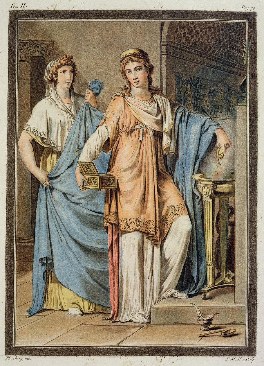 Berenice, figurino para "Berenice" de Jean Racine, do Volume II de "Pesquisa sobre os trajes e o teatro de todas as nações", obra de Pierre Michel Alix (1762-1817) 1802 de Philippe Chery