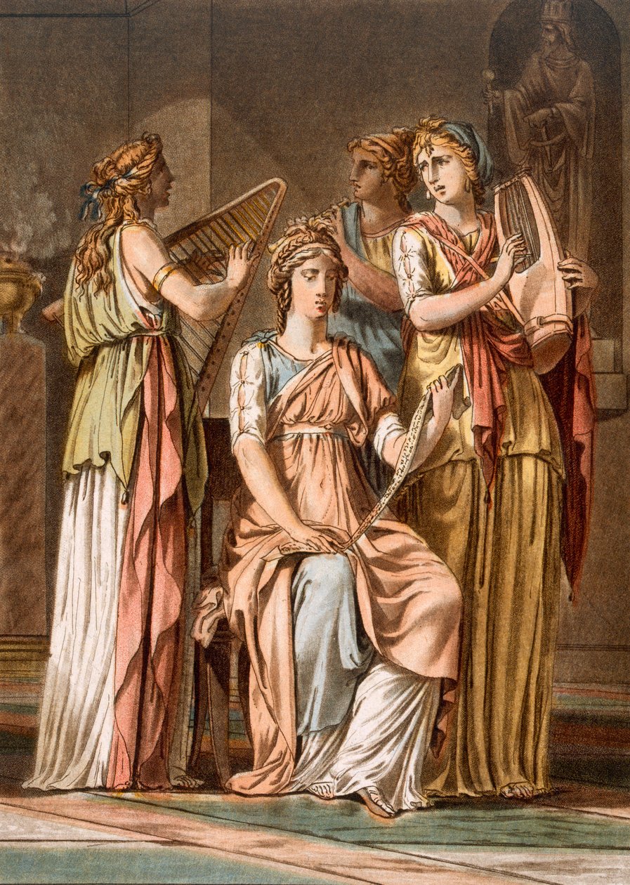 Coro de Mulheres Israelitas, figurinos para &39;Esther&39; de Jean Racine, do Volume I de &39;Pesquisa sobre os trajes e o teatro de todas as nações&39;, gravado por Pierre Michel Alix (1762-1817) 1802 (colorido engra de Philippe Chery