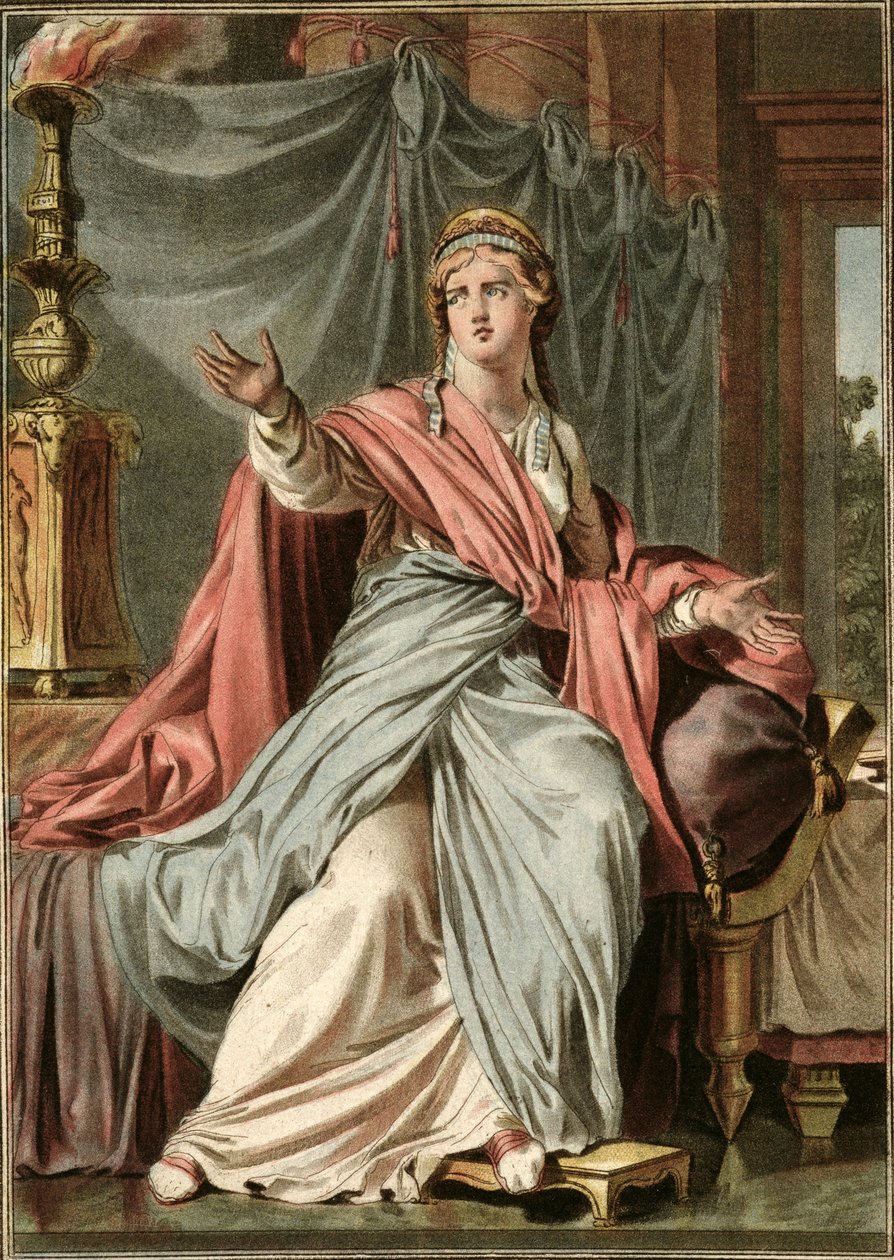 Esther, figurino para &39;Esther&39; de Jean Racine, do Volume I de &39;Pesquisa sobre os figurinos e o teatro de todas as nações&39;, gravado por Pierre Michel Alix (1762-1817) 1802 de Philippe Chery